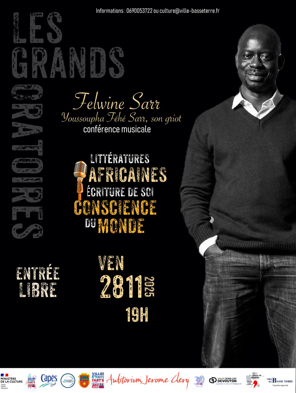 Conférence musicale sur les littératures africaines de Felwine Sarr le vendredi 28 Novembre à 19h à l’Auditorium de Basse-Terre